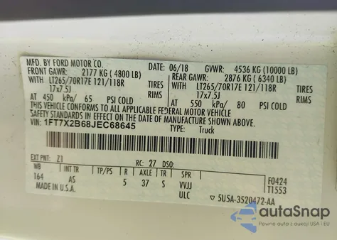 2018 Ford F250 Xl из США, поврежденный, VIN 1FT7X2B68JEC68645